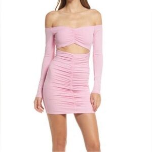 NWOT Naked Wardrobe Pink Ribbed Cutout Ruched Long Sleeve Stretchy Mini Dress